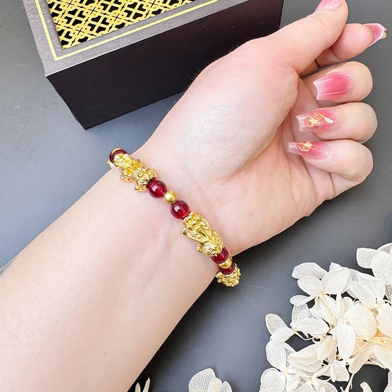 Unisex 24K Gold (AU999) Retro Pixiu Bracelet | Gold-Inlaid Pixiu Head, Hammered Dragon Scale with Rotatable Coin Clasp