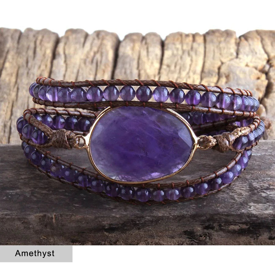 Healing Crystal Stone Beaded Bracelet Energry Hand Leather Cord String Wrap Bracelet Fashion Jewelry Handmade