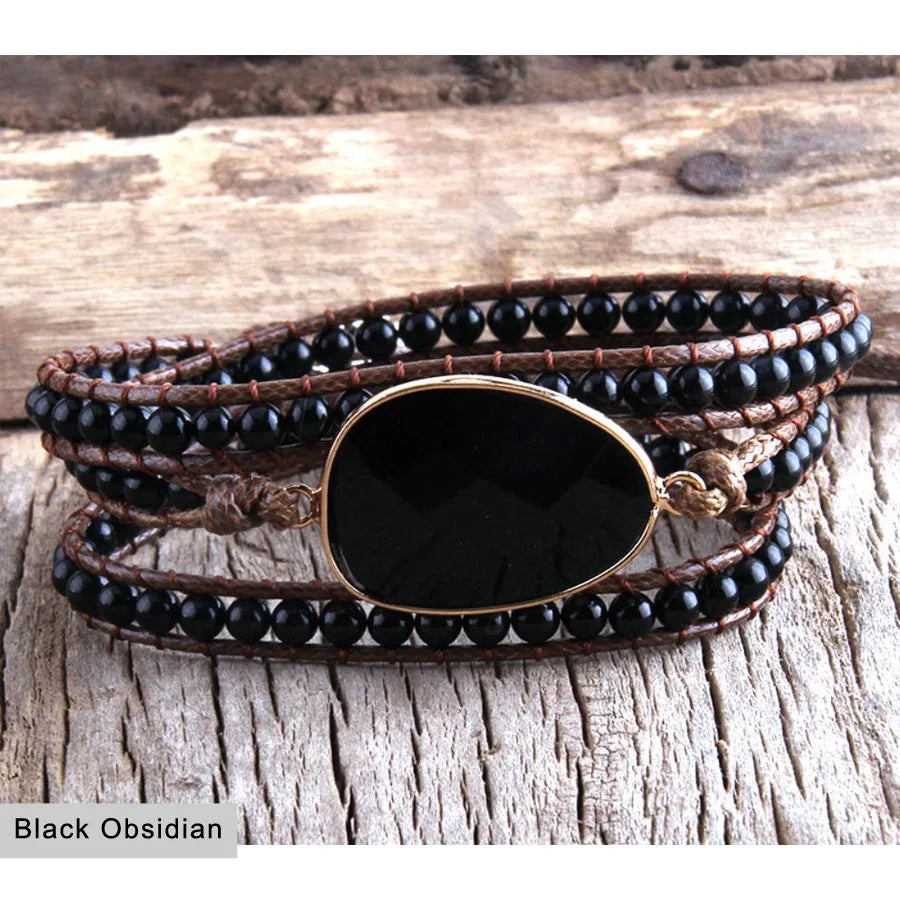 Healing Crystal Stone Beaded Bracelet Energry Hand Leather Cord String Wrap Bracelet Fashion Jewelry Handmade