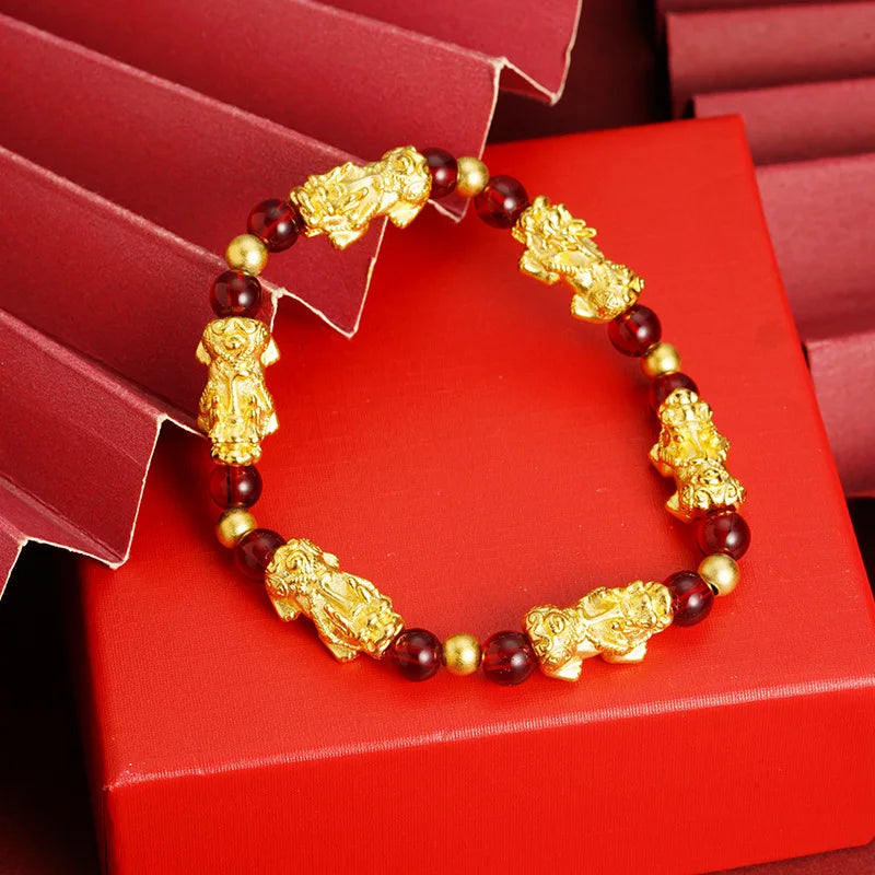 Unisex 24K Gold (AU999) Retro Pixiu Bracelet | Gold-Inlaid Pixiu Head, Hammered Dragon Scale with Rotatable Coin Clasp