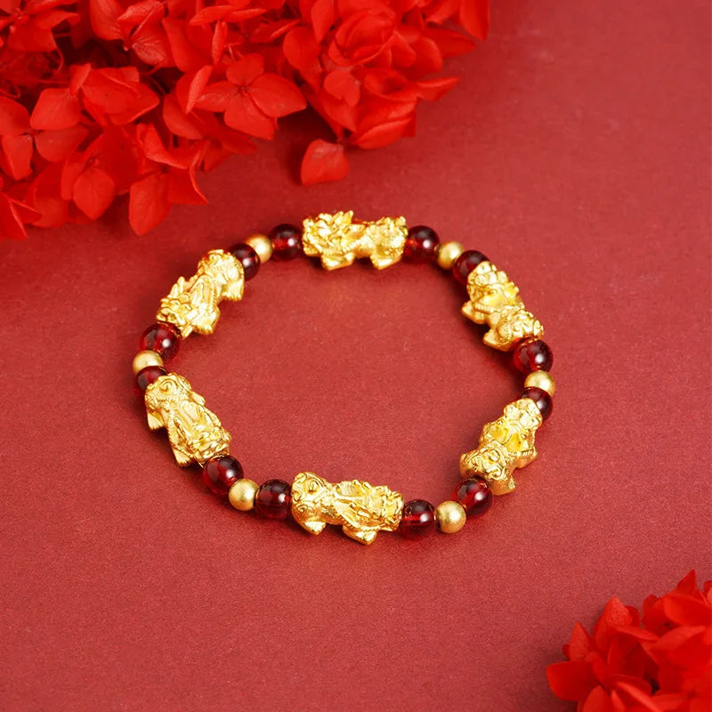 Unisex 24K Gold (AU999) Retro Pixiu Bracelet | Gold-Inlaid Pixiu Head, Hammered Dragon Scale with Rotatable Coin Clasp