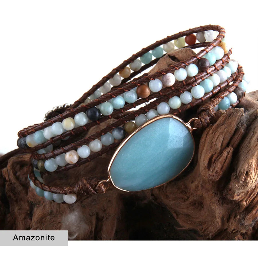 Healing Crystal Stone Beaded Bracelet Energry Hand Leather Cord String Wrap Bracelet Fashion Jewelry Handmade
