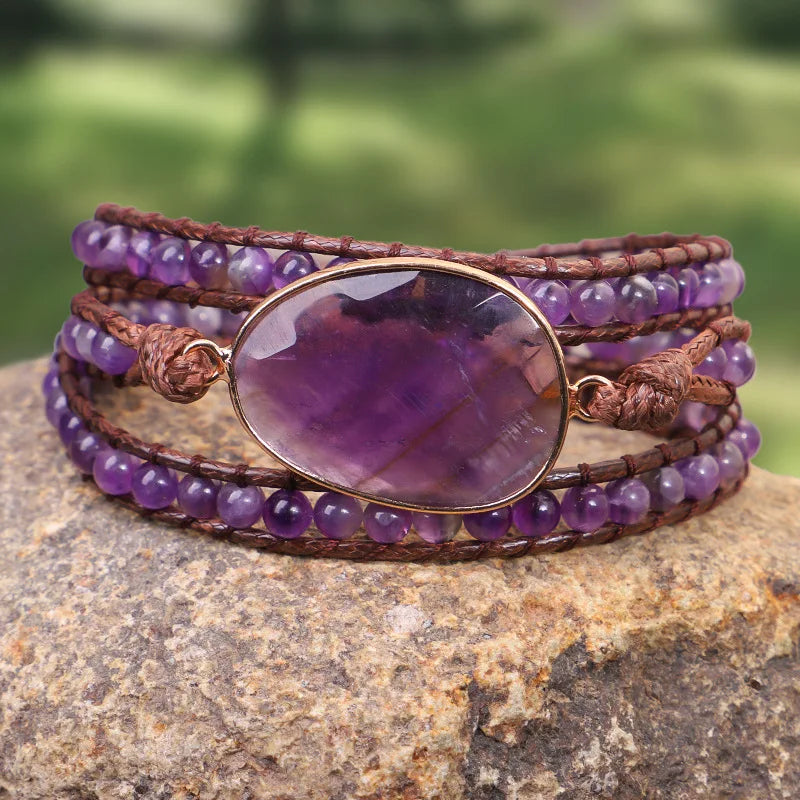 Healing Crystal Stone Beaded Bracelet Energry Hand Leather Cord String Wrap Bracelet Fashion Jewelry Handmade