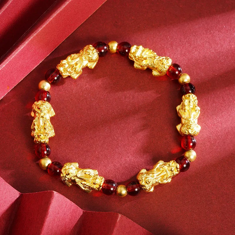 Unisex 24K Gold (AU999) Retro Pixiu Bracelet | Gold-Inlaid Pixiu Head, Hammered Dragon Scale with Rotatable Coin Clasp