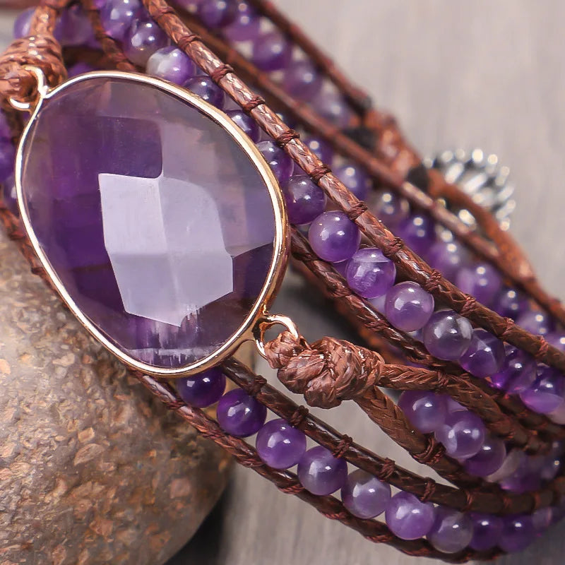 Healing Crystal Stone Beaded Bracelet Energry Hand Leather Cord String Wrap Bracelet Fashion Jewelry Handmade