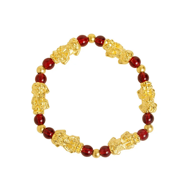 Unisex 24K Gold (AU999) Retro Pixiu Bracelet | Gold-Inlaid Pixiu Head, Hammered Dragon Scale with Rotatable Coin Clasp