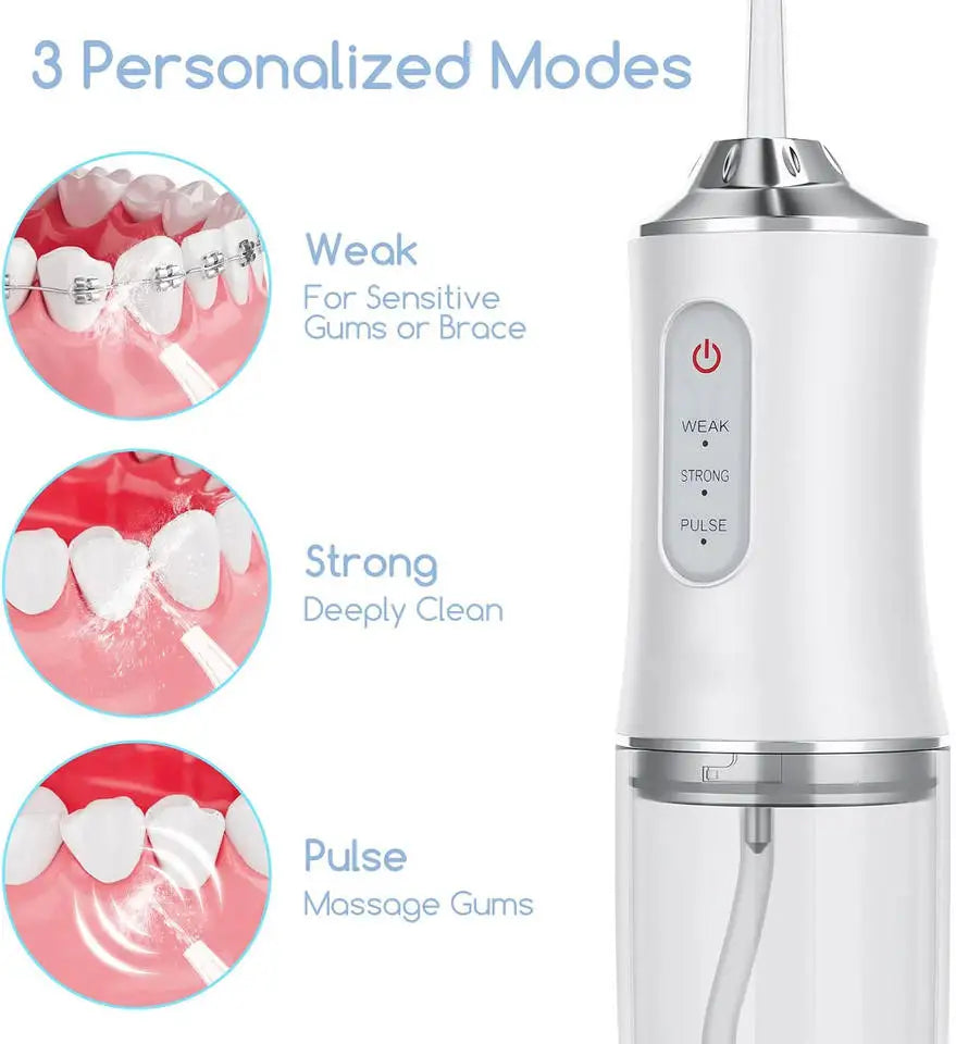 Oral Irrigator Portable Water Flosser, USB Rechargeable Water Jet Tooth Pick + 4 Jet Tip 3 Modes Waterproof Teeth Cleaner