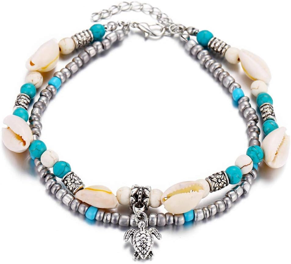 Anklet Foot Accessories Jewelry for Women and Girls & Women Turtle Charm Faux Turquoise Beaded Double Layers Anklet Beach Jewelry