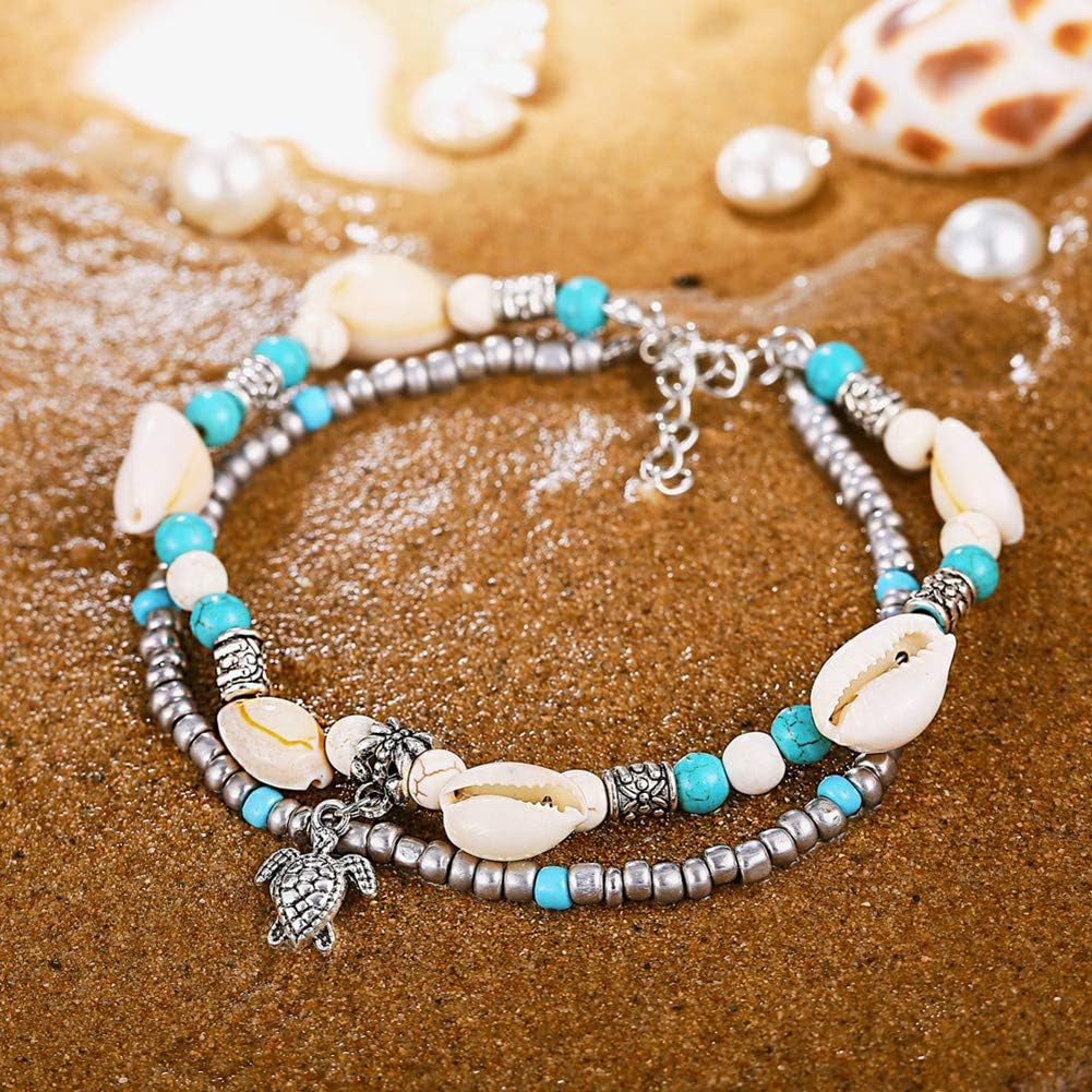 Anklet Foot Accessories Jewelry for Women and Girls & Women Turtle Charm Faux Turquoise Beaded Double Layers Anklet Beach Jewelry
