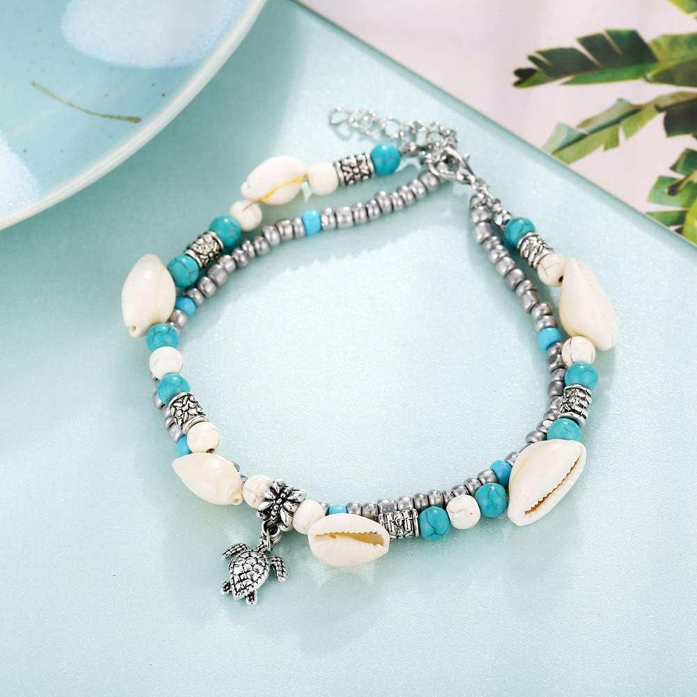 Anklet Foot Accessories Jewelry for Women and Girls & Women Turtle Charm Faux Turquoise Beaded Double Layers Anklet Beach Jewelry