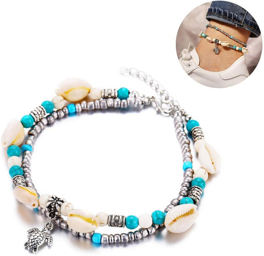 Anklet Foot Accessories Jewelry for Women and Girls & Women Turtle Charm Faux Turquoise Beaded Double Layers Anklet Beach Jewelry