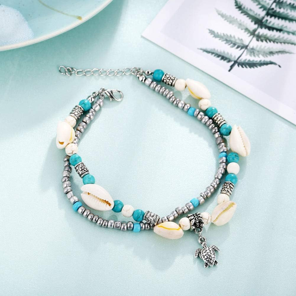 Anklet Foot Accessories Jewelry for Women and Girls & Women Turtle Charm Faux Turquoise Beaded Double Layers Anklet Beach Jewelry