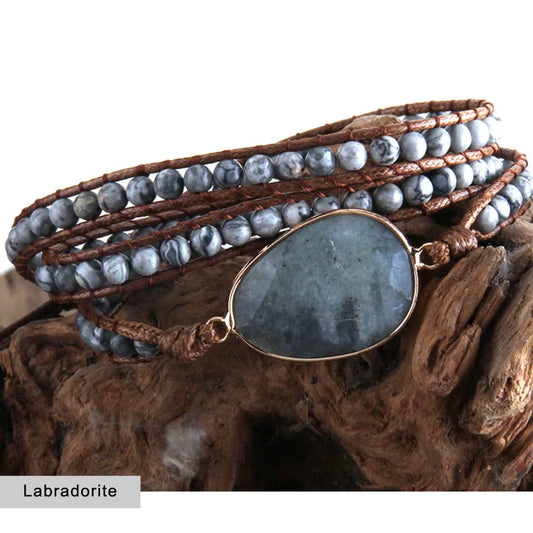 Healing Crystal Stone Beaded Bracelet Energry Hand Leather Cord String Wrap Bracelet Fashion Jewelry Handmade