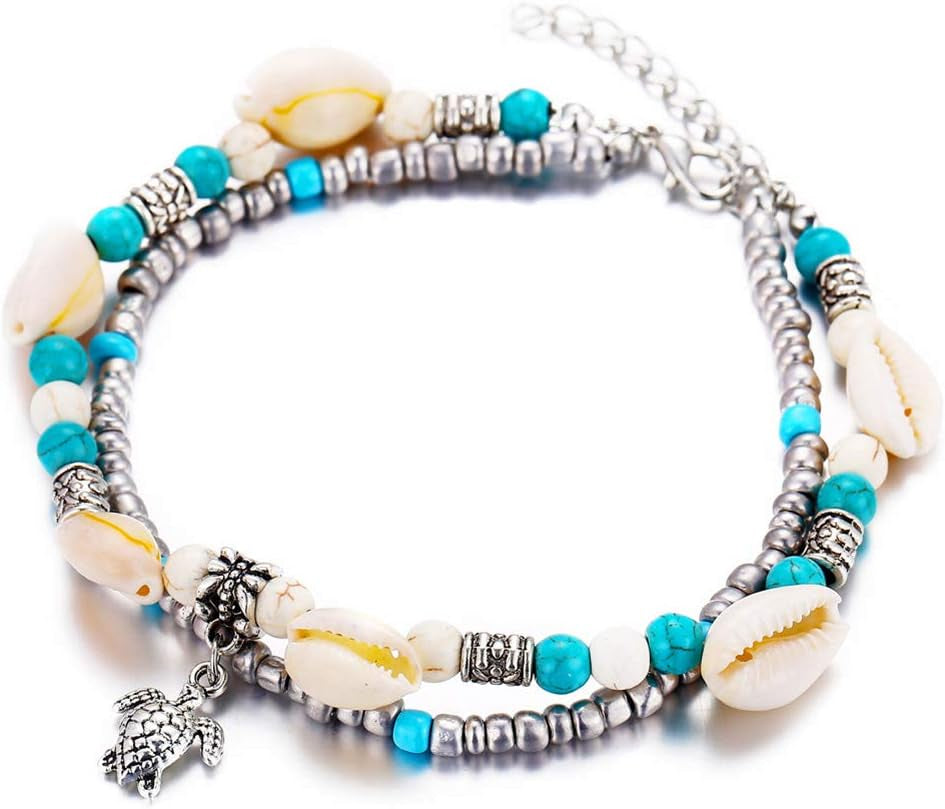 Anklet Foot Accessories Jewelry for Women and Girls & Women Turtle Charm Faux Turquoise Beaded Double Layers Anklet Beach Jewelry